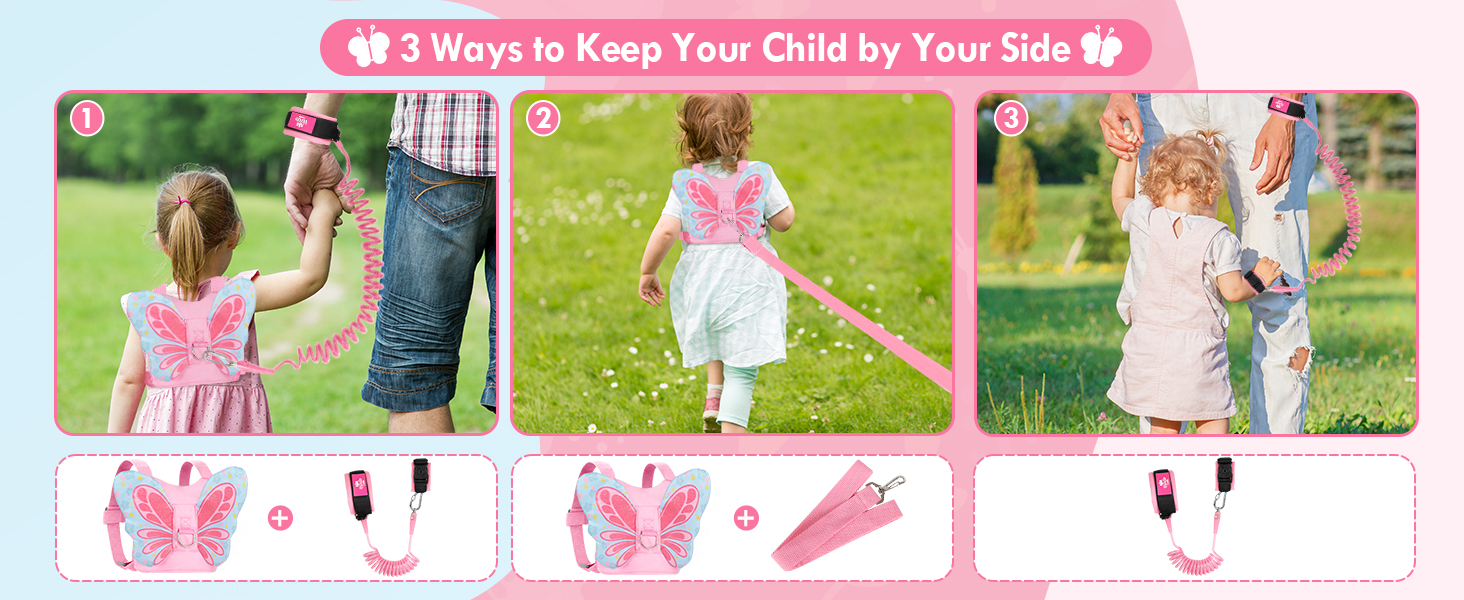 girl toddler leashes harness wrist link backpack, baby leash pink butterfly leash for kids