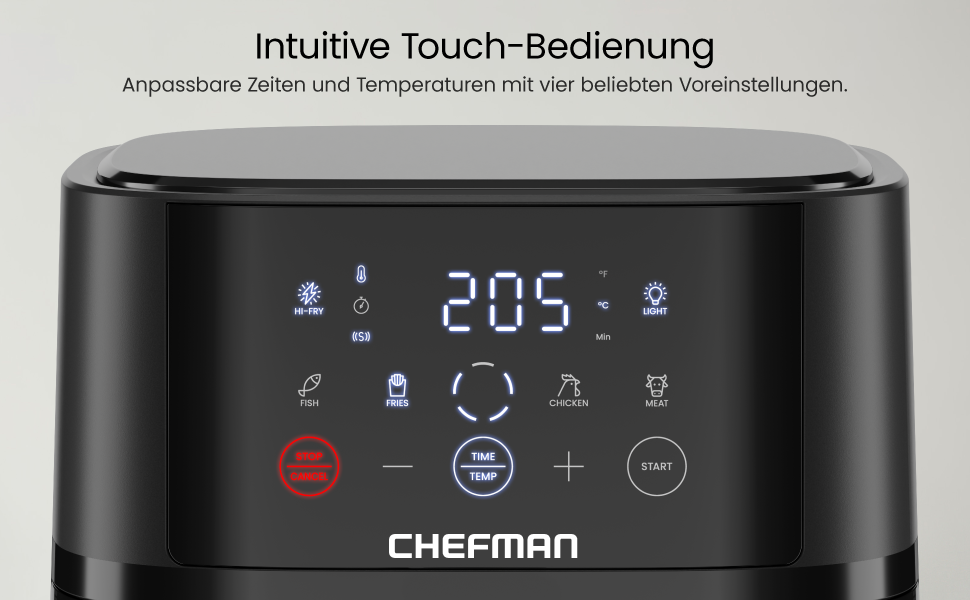 Schwarzes Küchengerät mit digitaler Anzeige von Temperatur und Uhrzeit. Verfügt über Touch-Bedienelemente und den Text „Intuitive Touch-Bedienung“, der auf eine berührungsbasierte Bedienung