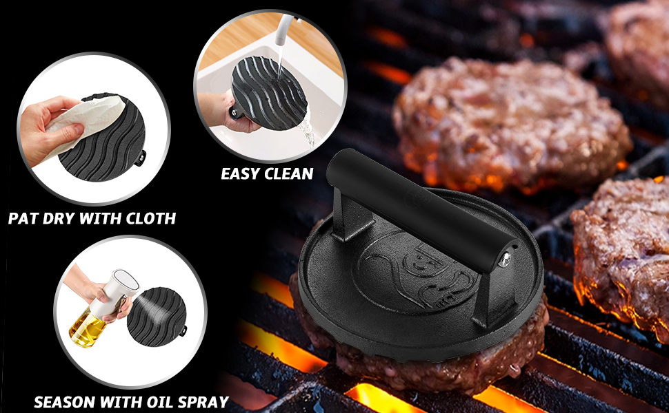 Smash Burger Press Heavy Duty Hamburger Press w/Heat Resistant Handle Cast Iron Grill Press