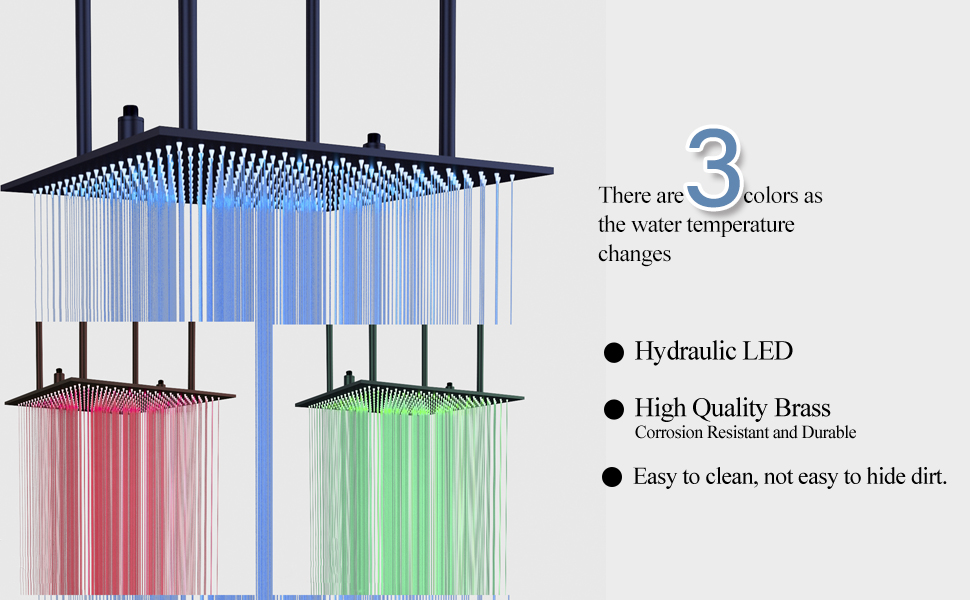 SUGUWORD LED 24 Inch Rainfall Shower Head Square Temperature Sensor 3 Colors Changing Matte Black Solid Brass Ceiling Mounted Bathroom High Pressure Luxury Rainfall Shower Head Full Body Coverage 11 3
