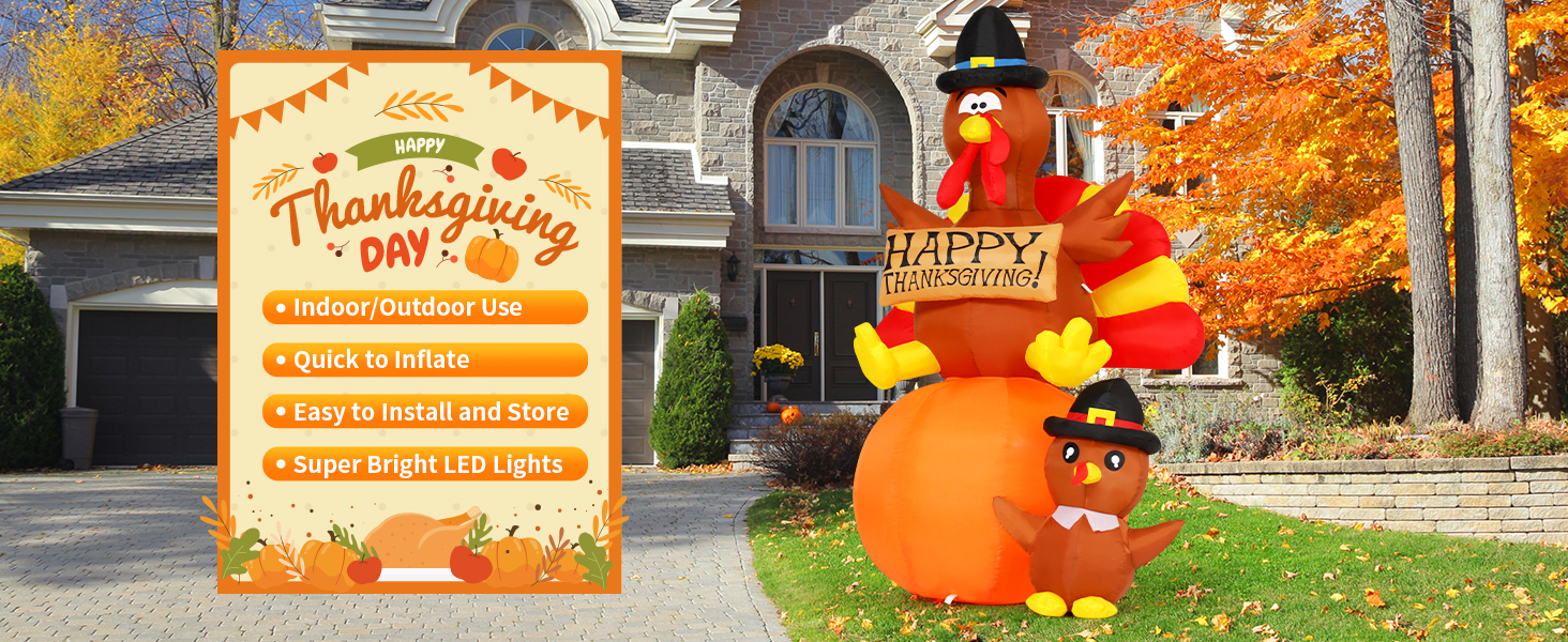  6 FT Height Thanksgiving Inflatables Turkey on Pumpkin & Little Turkey 