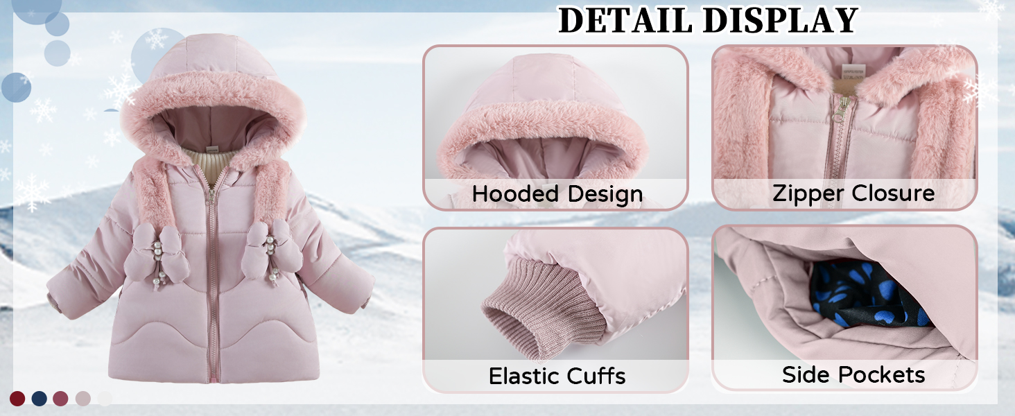 Baby Kids Girls Fleece Coats Winter Padded Puffer Jacket with Hooded Zipper Snow Outerwear