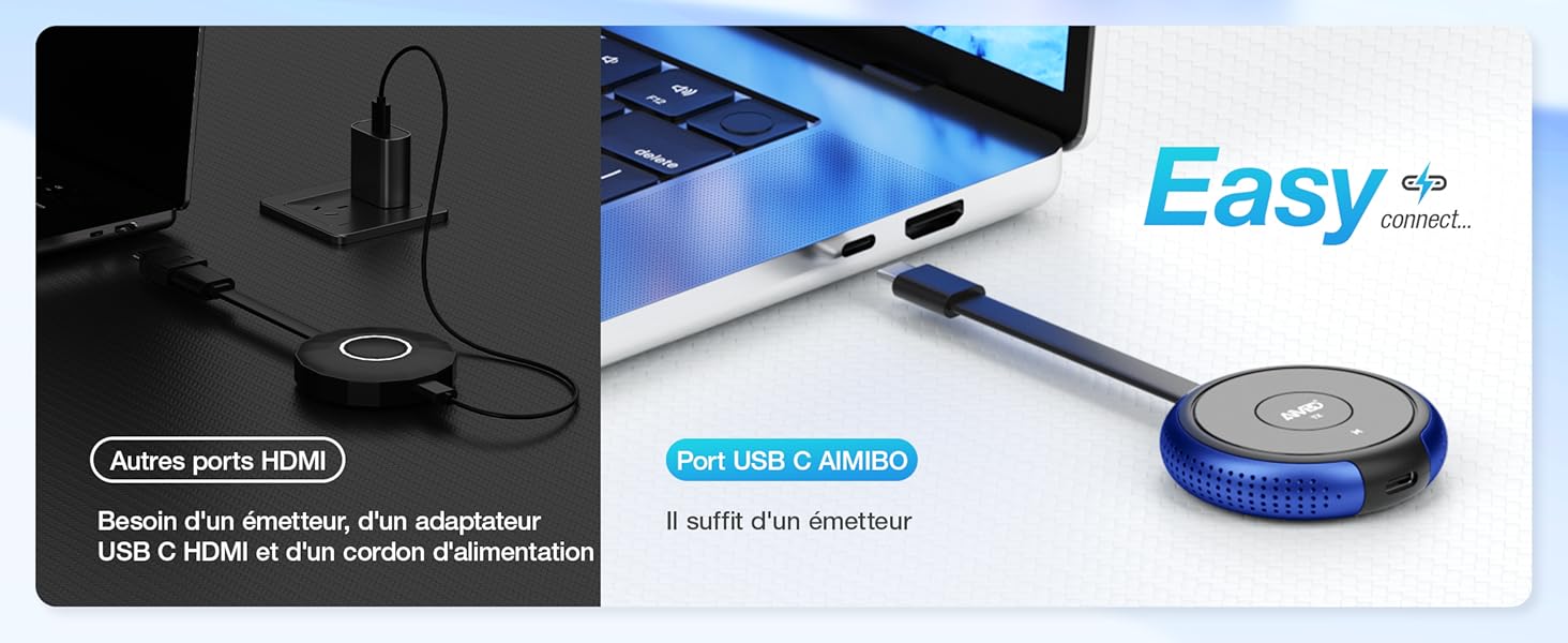 connectant un ordinateur portable à un appareil externe. Appareil circulaire bleu avec bouton d'alimentation. Le texte mentionne « Easy » et « USB C HDMI