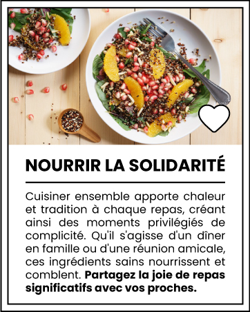 Assiette à salade colorée avec céréales, légumes et tranches de fruits. Le texte français parle de la cuisine en groupe pour des repas solidaires et chaleureux.