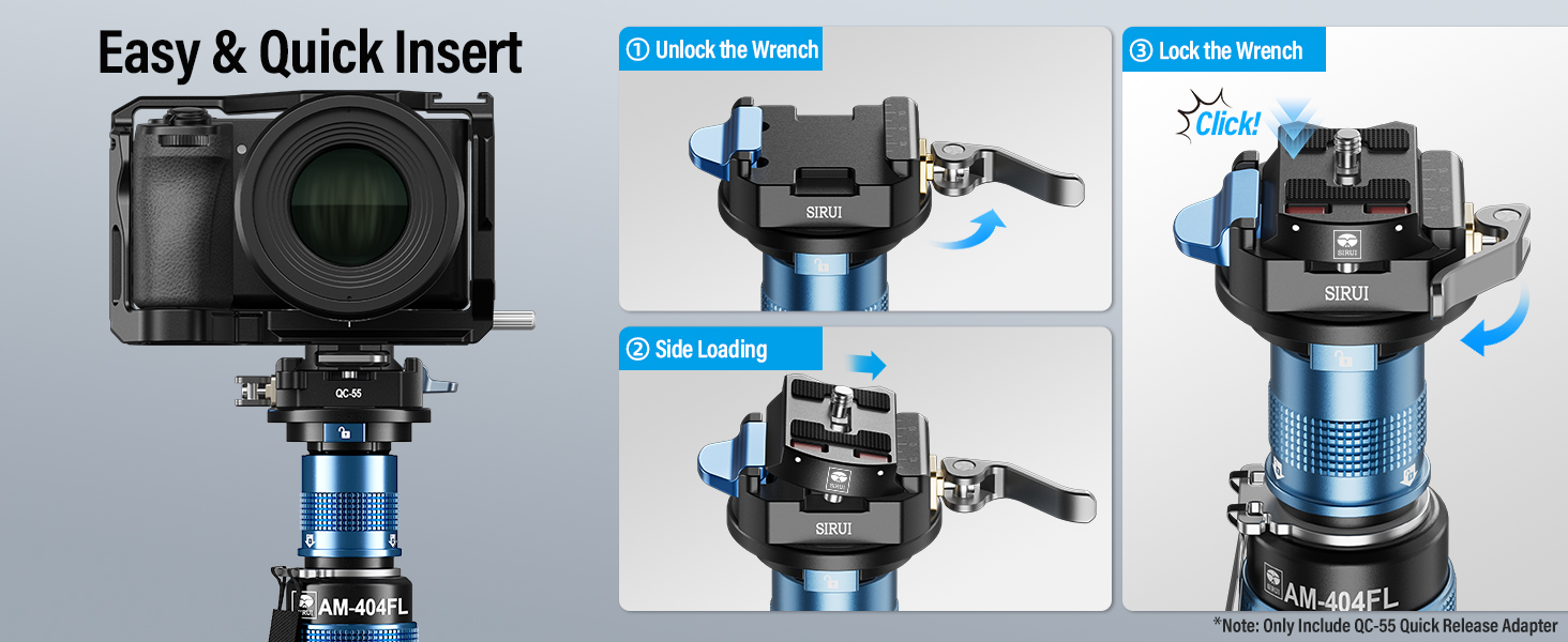 Kamerahalterungssystem mit Schnellwechselplatte Blaue und schwarze Bauteile in verschiedenen Konfigurationen zum einfachen Einsetzen