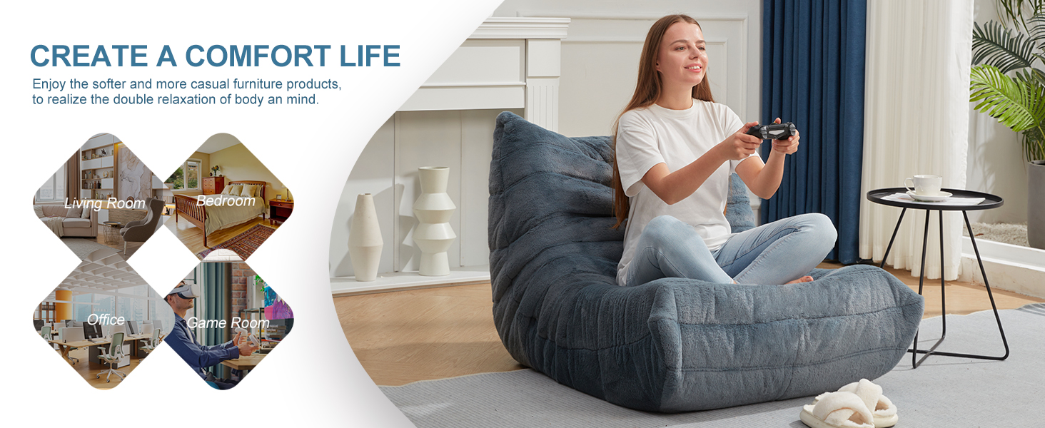she sit on the furry foam beanbag sofa to play game