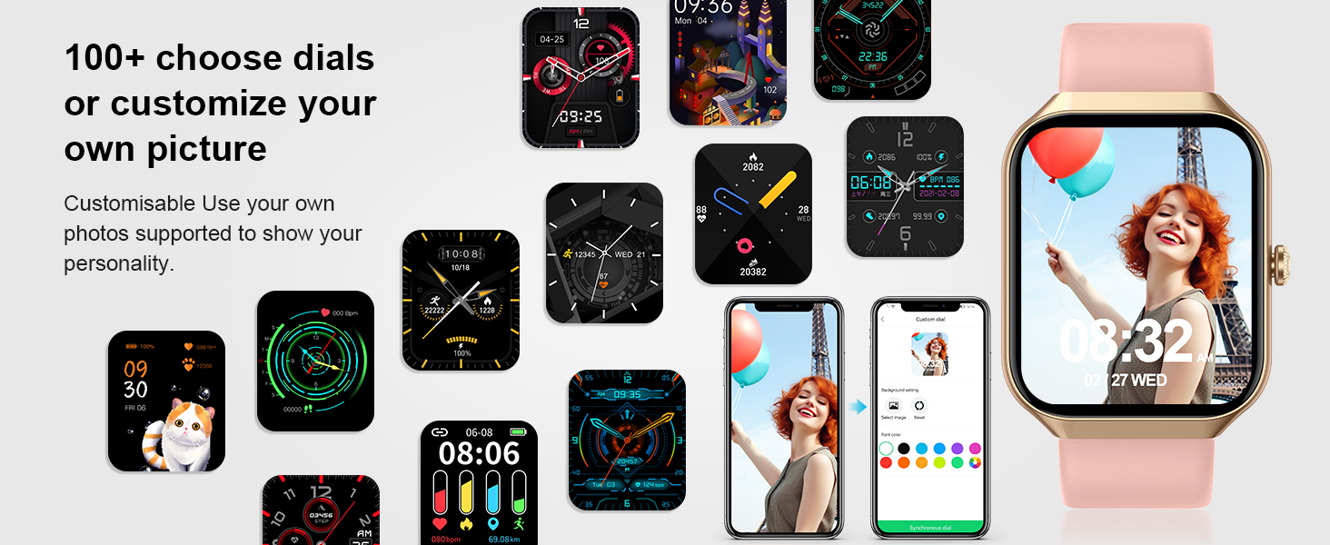 Product display showing multiple black electronic photo frames with glowing displays, alongside mobile app interface screenshots demonstrating photo sharing functionality.