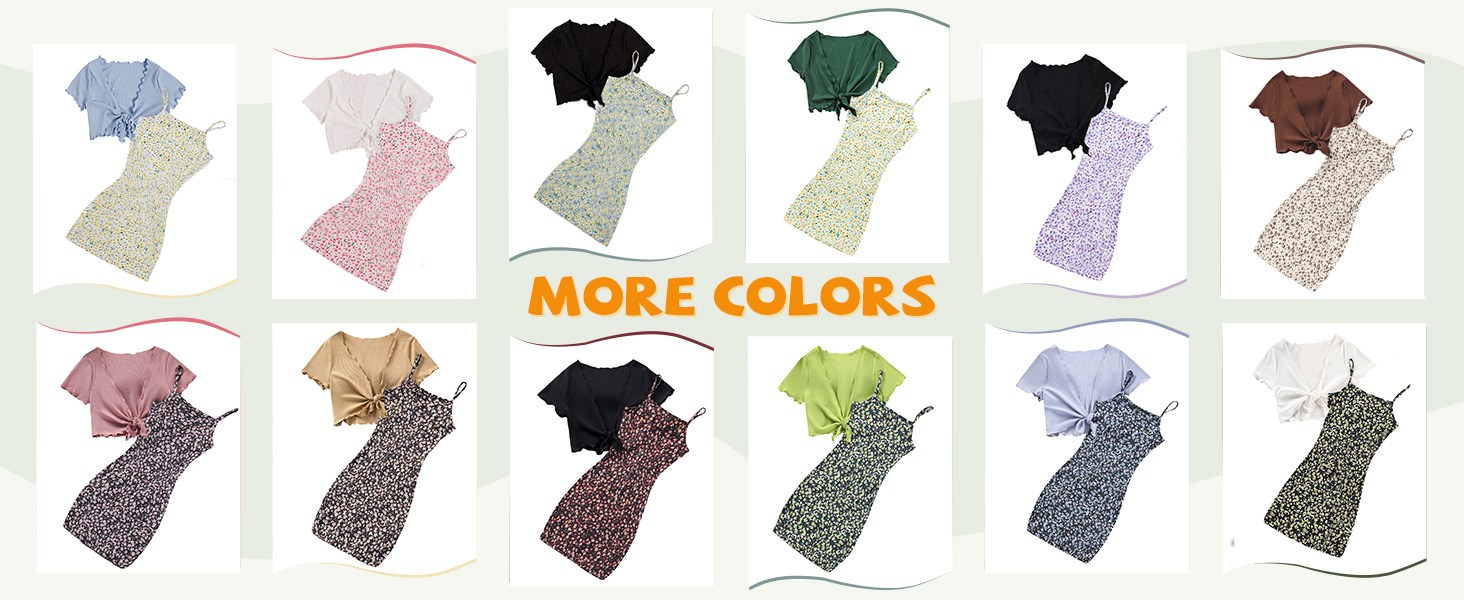 OYOANGLE Girl's Floral Print Sleeveless Cute Cami Dresses and Short Sleeve Tie Front Top Sets