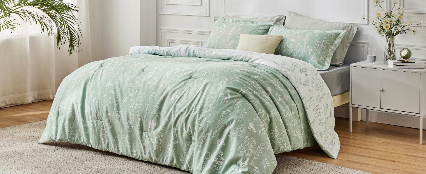 BEDSURE Queen Comforter Set Sage Green Comforter Cute Floral Bedding Comforter