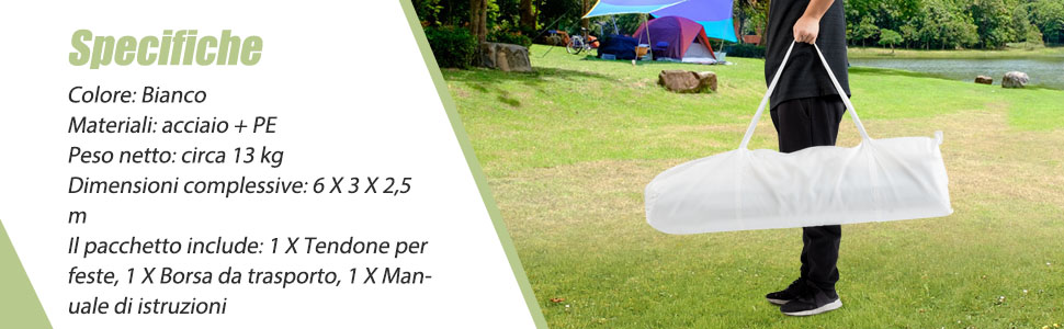 COSTWAY Gazebo Da Giardino 3 X 6 M, Tendone Per Feste Con 4 Tende Laterali Rimovibili E 2 Porte Con Cerniera, Con Borsa Di Trasporto, Impermeabile Protezione UV 15 7