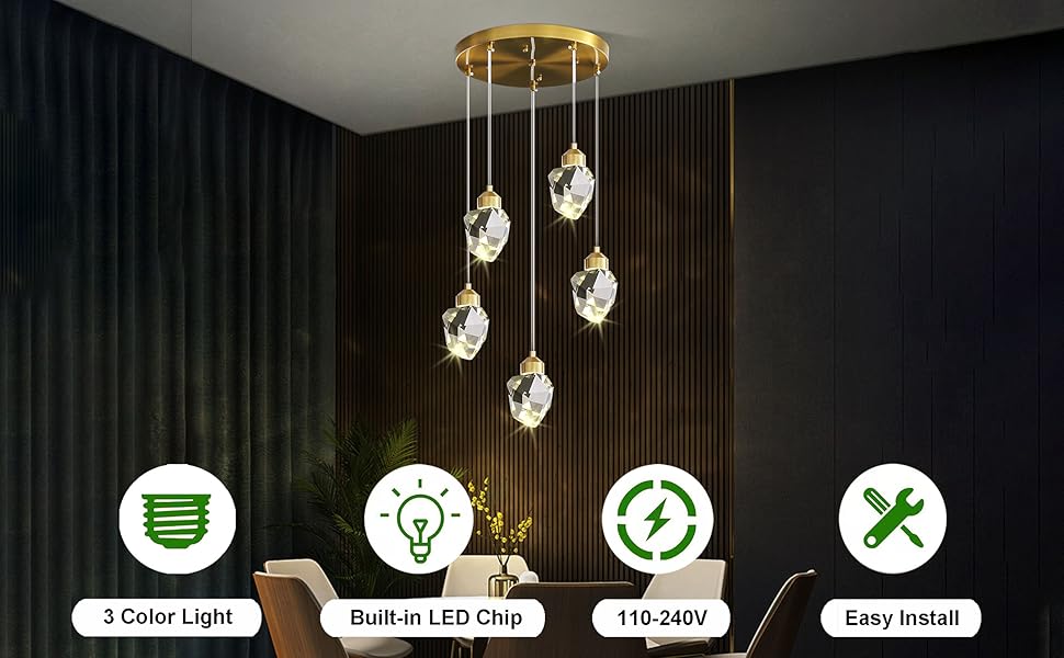 Sxtiger Modern Crystal Pendant Light, 3-Color LED Gold