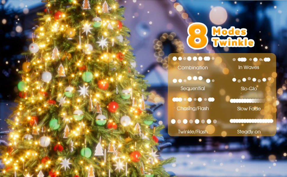 Illuminated Christmas tree with '8 Modes' text overlay. Menu displaying various light modes and timer settings for tree lights.