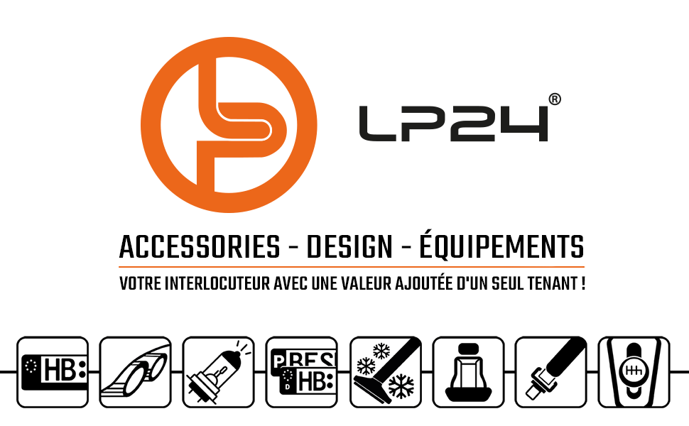 Le texte se lit comme suit : « ACCESSOIRES LP24 - DESIGN - ÉQUIPEMENTS ». Logo orange et blanc avec une rangée d'icônes d'équipement ci-dessous montrant différentes catégories de produits.