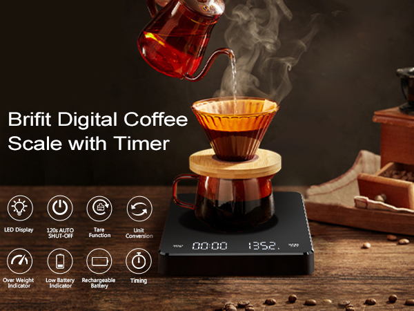 B-Qtech Small Coffee Scale With Timer, Rechargeable Espresso Scale, 3kg