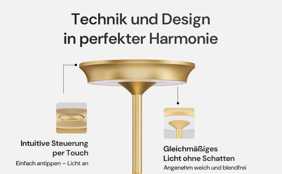 Der Text lautet „Technik und Design in perfekter Harmonie“, „Intuitive Steuerung per Touch“, „Gleichmäßiges Licht ohne Schatten“. Goldfarbene Lampenkomponenten, dargestellt in technischen Diagrammen.