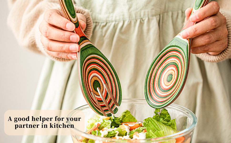 2 Pcs Pakkawood Salad Server Set, 1 spoon, 1 fork with hanging holes for wall storage