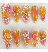 24 Pcs Handmade Press on Nails Medium Almond 3D White Flower Fake Nails with Charms Nail Supplies...