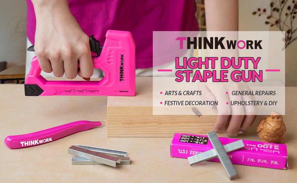 THINKWORK Light Duty Staple Gun, Pink Upholstery Staple