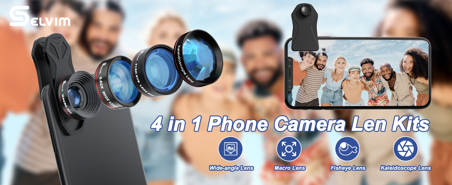 Selvim Phone Camera Lens Phone Lens Kit 4 in 1 (New), 25X Macro Lenses, 235° Fisheye Lens