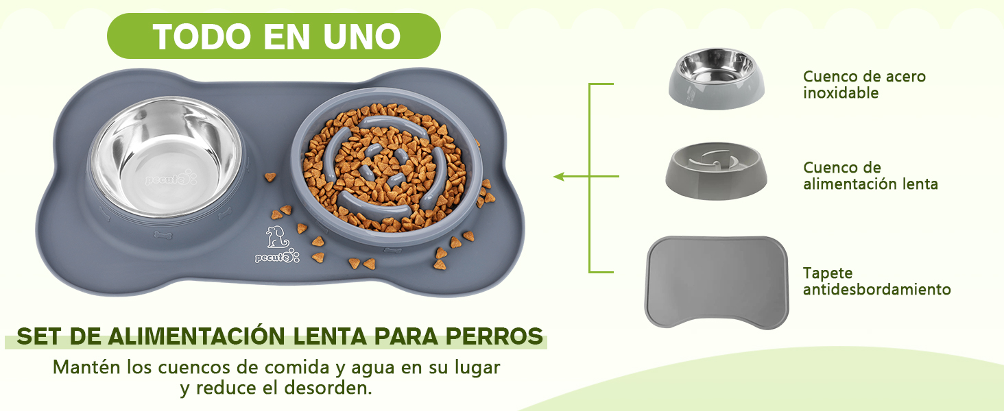 de doble tazón con diseño de alimentación lenta. Base de silicona gris con cuencos de acero inoxidable. Características del producto etiquetadas en español.