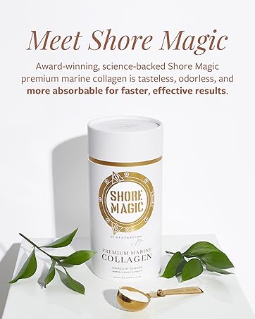 Shore magic collagen canister on a white pedestal with some green lea