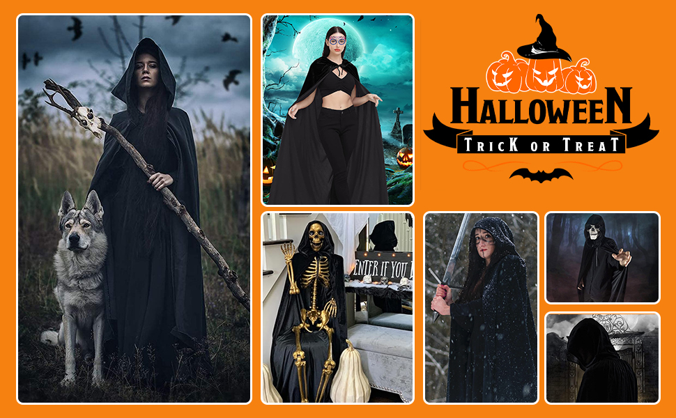 Hooded Cape Velvet Hooded Cloak Black Halloween Cape with Hood Unisex