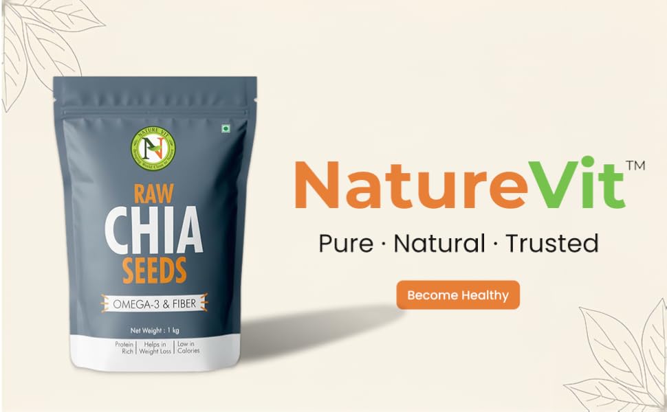 NatureVit Chia Seeds pack with fresh black chia seeds displayed.