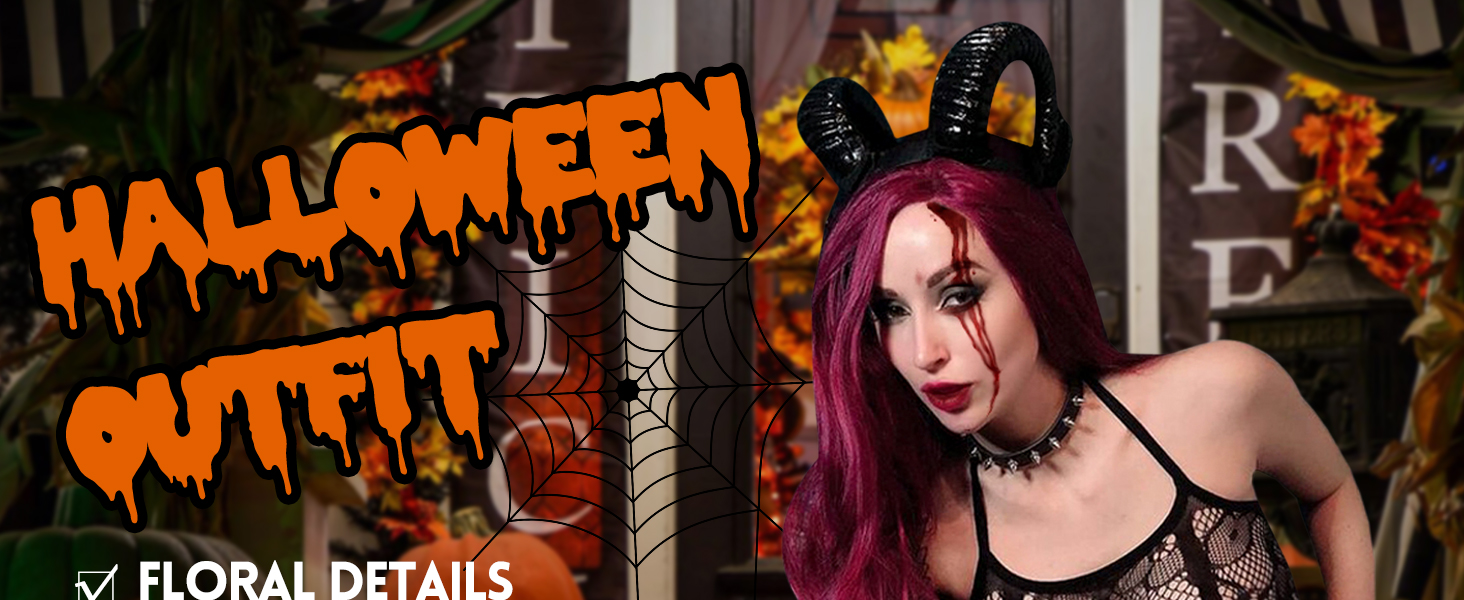 El texto dice «HALLOWEEN» con un espeluznante efecto de texto naranja que gotea. Múltiples escenas decorativas con elementos de temática gótica y de Halloween. El texto dice «DETALLES FLORALES» en blanco.