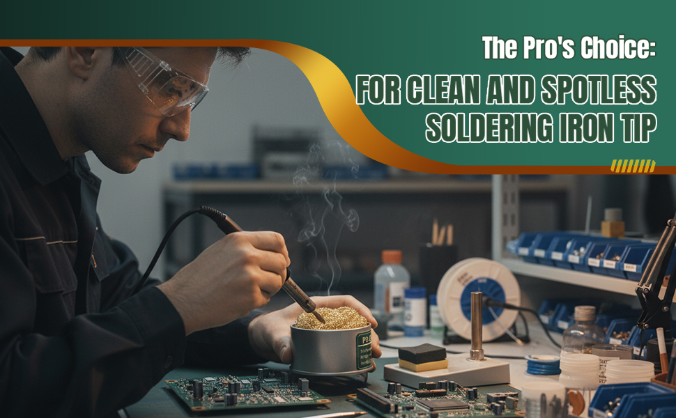 Technician cleaning a tip with dry brass media, against a wet solder sponge/soldering sponge.