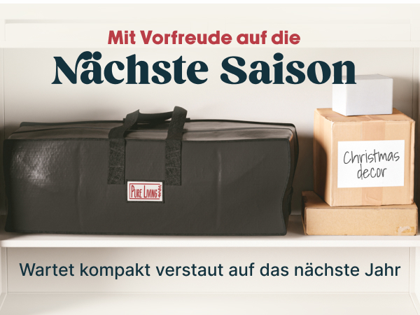 Eine große graue Aufbewahrungsbox mit Textetiketten sowie kleineren Boxen. Der deutsche Text deutet darauf hin, dass es für die kompakte Aufbewahrung zwischen den Jahreszeiten geeignet ist.