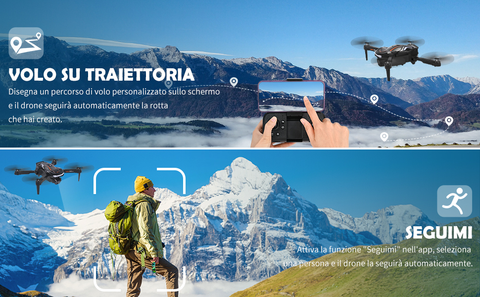 Drone che sorvola montagne innevate. Il controller in mano dimostra la personalizzazione della traiettoria di volo. Il secondo pannello mostra un escursionista con zaino che guarda un drone volare vicino alla cima di una montagna