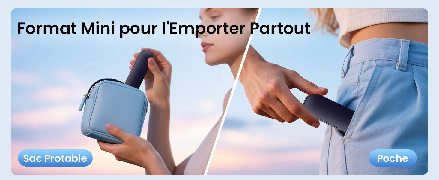 Appareil portable compact présenté dans un étui de transport bleu, avec une personne tenant le composant dans un environnement extérieur décontracté.