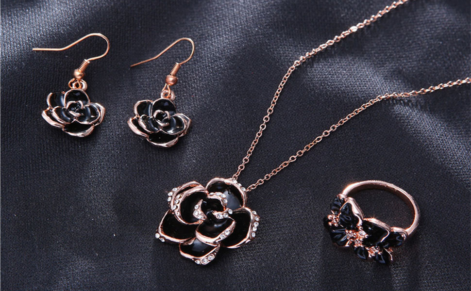 Rose Jewellery Sets, for Women Rose Flower Necklace, Ring and Earrings, Hypoallergenic Wedding