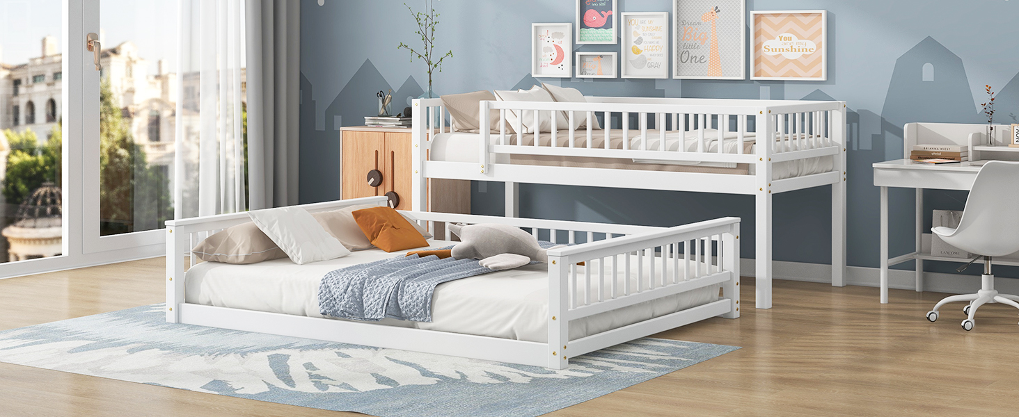 Merax Twin XL Over Queen Floor Bunk Bed, Kids White Wood