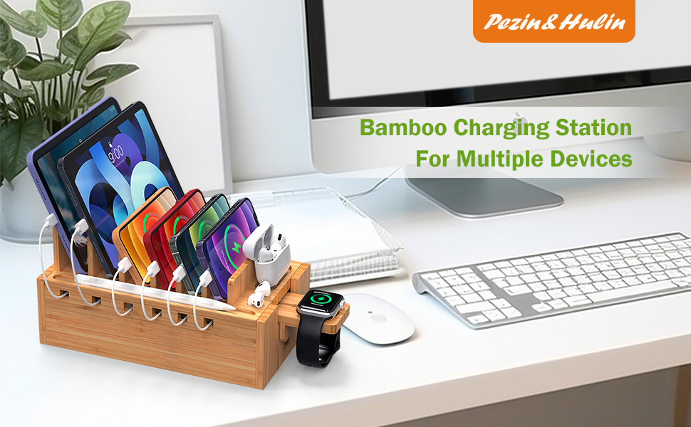 Bamboo Charging Station for Multiple Devices with 5 Port USB Charger, 6