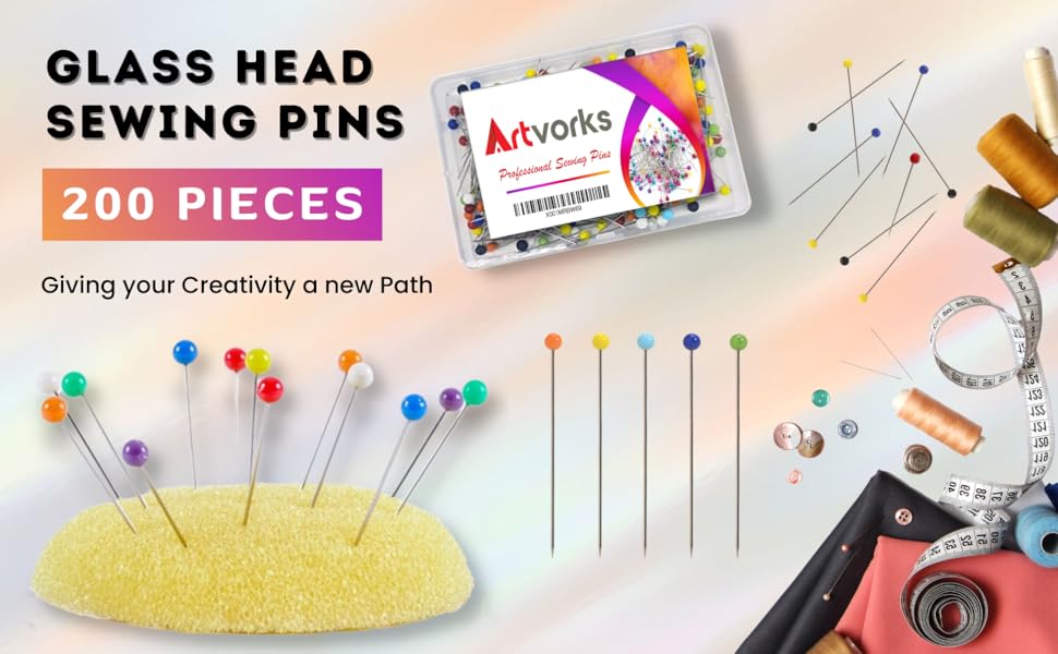Artvorks Sewing Pins 200 Pcs 38mm Long Glass Head Pins With Sharp