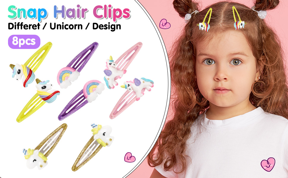 8 Pcs Unicorn Snap Hair Clips No Slip Metal Rainbow Hair