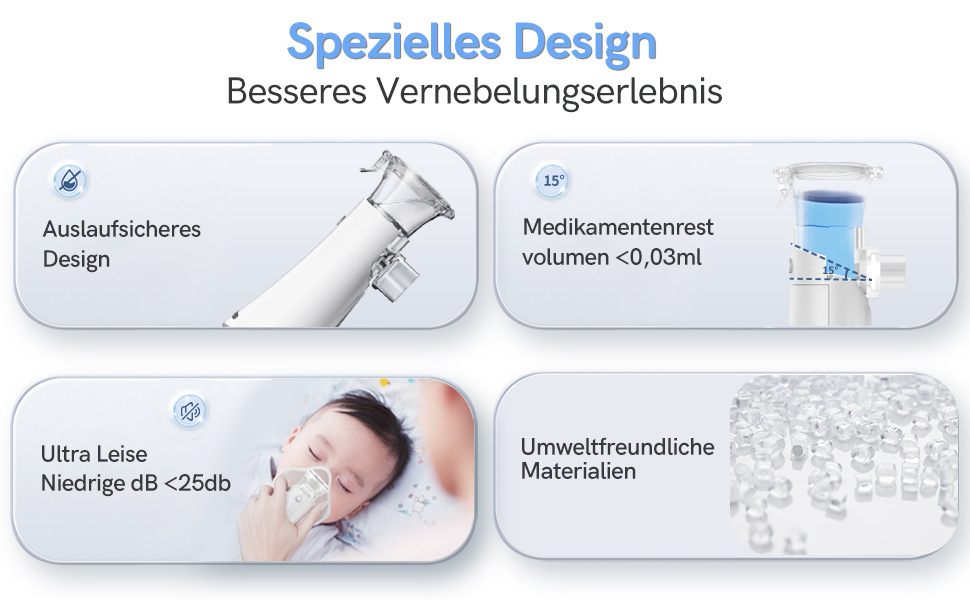 Four-panel product feature display for medical device. Highlights leak-proof design, precise dosing, quiet operation, and eco-friendly materials.