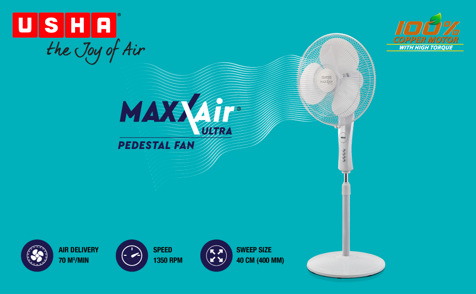 usha pedestal fan, pedestal fan, maxx air ultra, white fan, stand fan