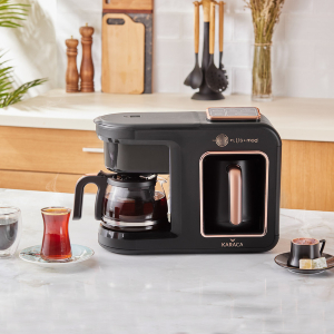 KARACA Hatır Plus Mod 5 in 1, 750ml Tea/Filter Coffee & Turkish Coffee Maker Black Copper, Tea, Milk Drink Heating, Turkish Coffee, 1385W, 5+5 Cups, Coffee Maker with Milk Frother, Brewer, Tea-pot 13 5 in 1