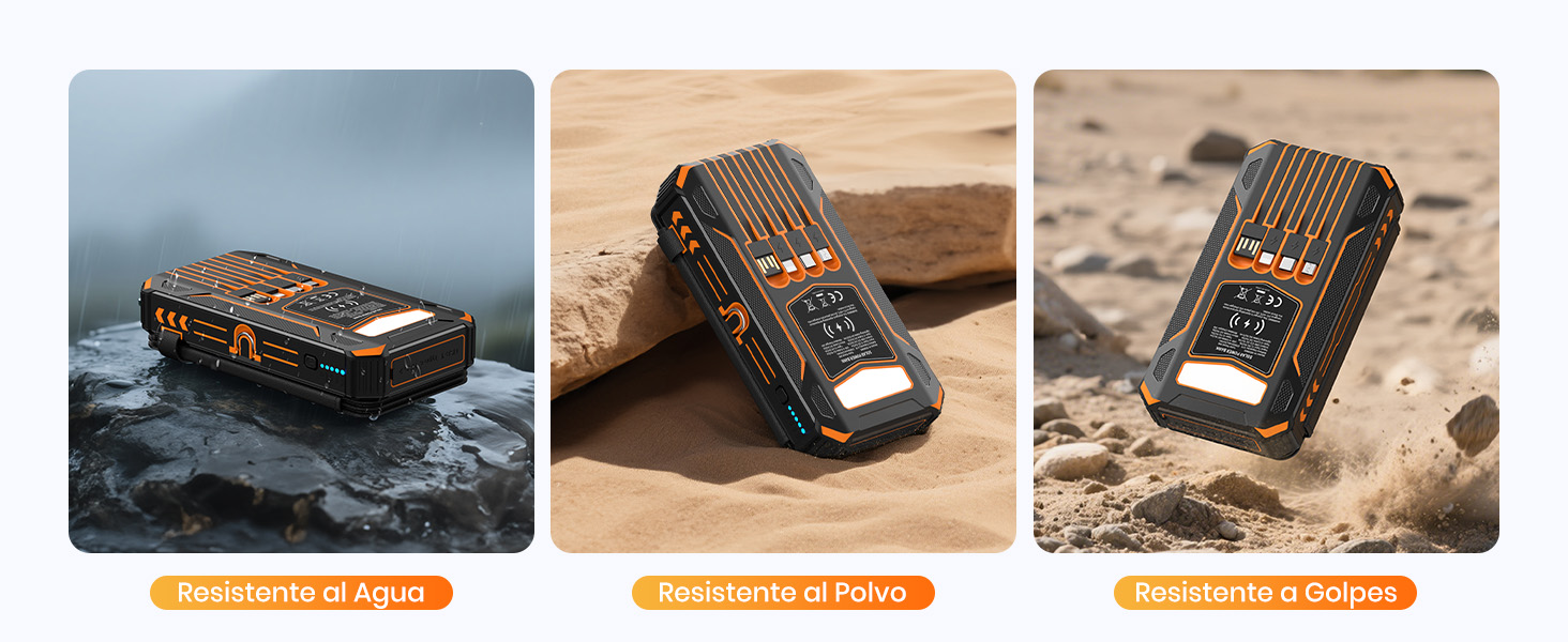 Vistas múltiples de una cartera o tarjetero negra resistente que se muestra en varios entornos al aire libre, incluidos entornos de playa, rocas y agua.