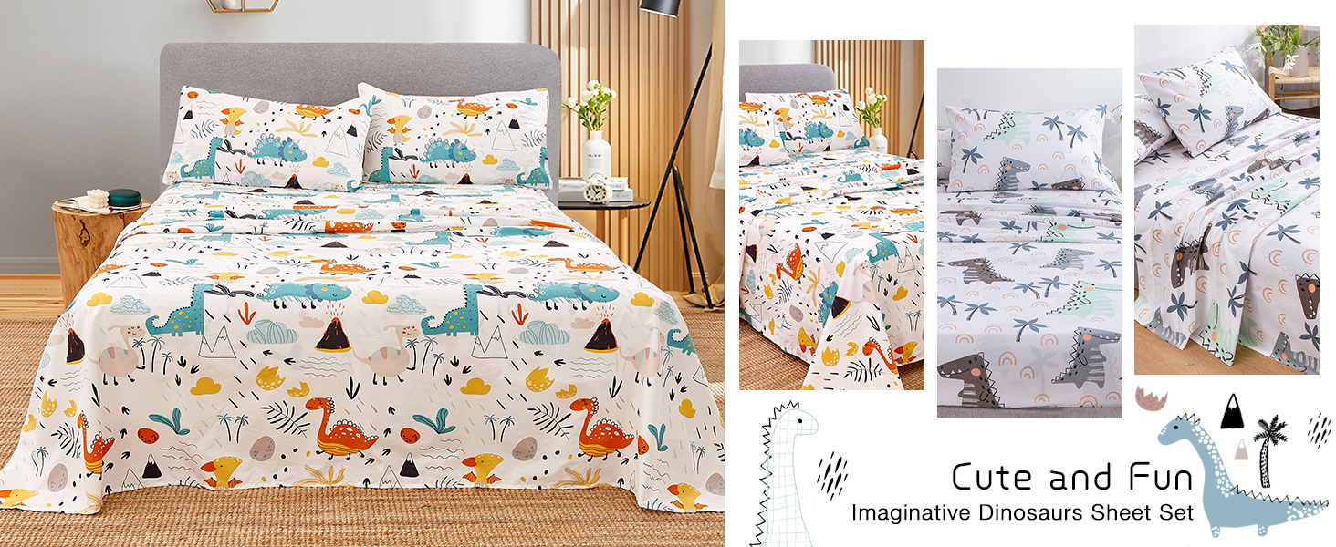 白い子供用シーツ 秋の恐竜