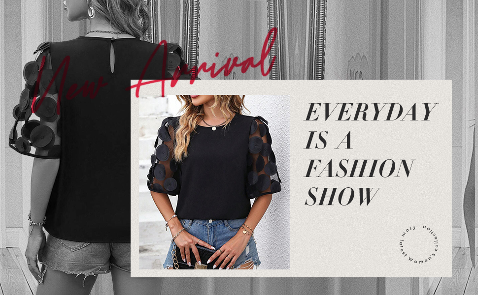 Women’S Half  Polka Dot Sheer Mesh Sleeve Top Solid  Loose Cute Summer Blouse Shirt Tops