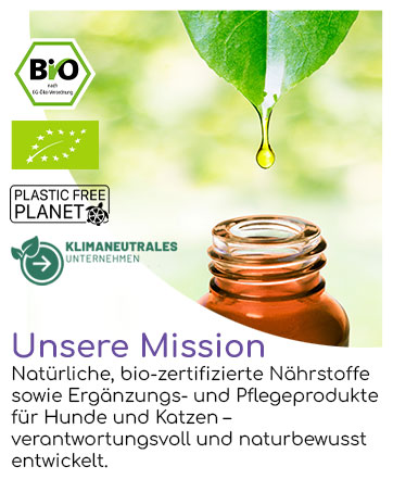 Marketingbild mit Bio-Zertifizierungslogos und einem grünen Blatt, das Flüssigkeit in eine bernsteinfarbene Glasflasche tropft.