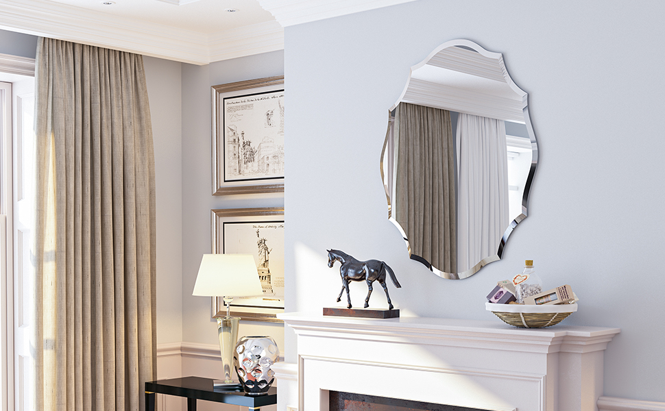 Artloge Scalloped Wall Mirror Frameless Decorative Large Silver Vanity Oblong with