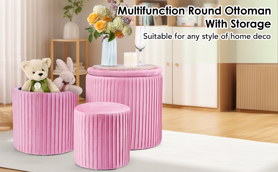 Ottoman with Storage .Velvet Round Storage Ottoman Set of 2. Multifunctional Upholstered