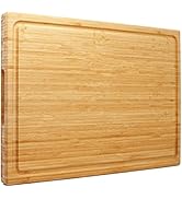 Large rectangular wooden cutting board with juice grooves around the perimeter and smooth bamboo grain finish. Shown from multiple angles.