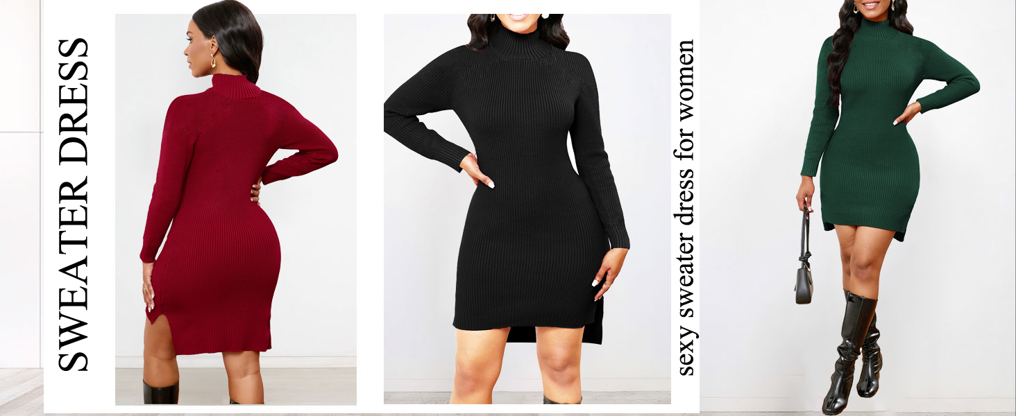Women  Pullover Sweater Dress Casual Long Sleeve Plain Stretchy Cocktail Mini Knit Winter Dresses