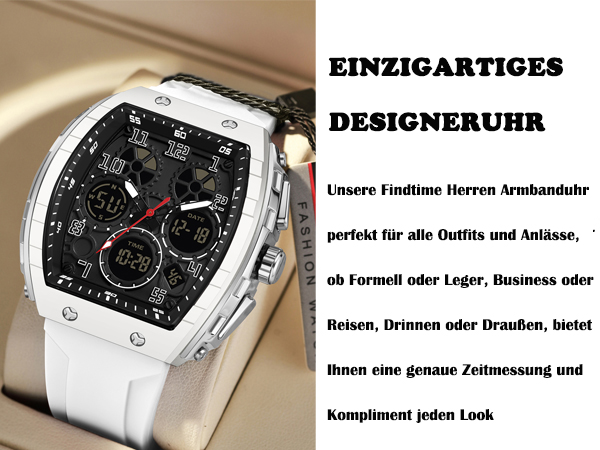 Der Text lautet 'EINZIGARTIGER', 'DESIGNERUHR'. Detail des Fahrzeuginnenraums, der Elemente des Armaturenbretts oder des Bedienfelds zeigt.