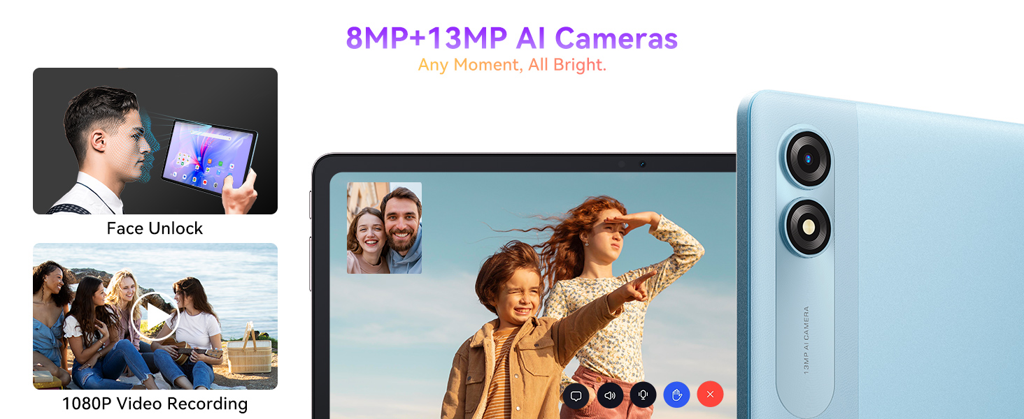 Smartphone camera feature demonstration showing dual rear cameras with 8MP+13MP AI capabilities and various photo modes.